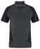A dark grey polo shirt featuring black accents, with a collar and short sleeves. It has a logo on the chest.