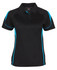 A black polo shirt featuring turquoise accents and a logo on the chest.
