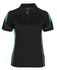 A black polo shirt with green accents and a logo. Short sleeves and a classic collar design.