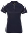 A navy polo shirt with white detailing and a logo, featuring a classic collar and short sleeves.
