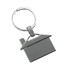 A house-shaped metal keyring in silver, featuring a simple design with a circular keyring attachment.