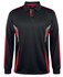 A black and red long-sleeve polo shirt with a structured design and a logo.