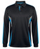 A long-sleeve polo shirt in black with blue and grey accents, featuring a logo on the collar.