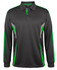 A long-sleeve black polo shirt featuring green and grey accents and a logo.