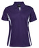 A purple polo shirt with white accents and a collar. It features a logo on the label.