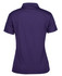 A purple polo shirt featuring a collared neckline and short sleeves, with a logo on the back.