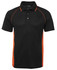 A black polo shirt with orange accents and a collar, featuring buttons and a logo on the label.