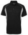 A black polo shirt with grey side panels and a collar, featuring a logo on the chest area.