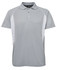 A grey polo shirt featuring mesh side panels and a collar, with a logo on the neckline.