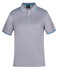 A grey polo shirt featuring contrast blue stripes on the collar and sleeves, with a logo on the chest.