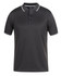 A black polo shirt featuring a jacquard design and contrasting collar and sleeve detailing. The shirt has a logo on it.