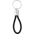 A black vegan leather twist key ring with a silver metal attachment and branding on the clasp.
