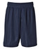 Mesh sports shorts in navy blue with an elastic waistband and a logo. Ideal for activewear.