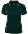 A dark green polo shirt with white piping, featuring a collar and short sleeves. It has a logo on the label.