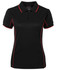 A black polo shirt with red piping, featuring a collar and a small placket. It includes a logo.
