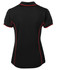 A black polo shirt with red piping, featuring a branded logo on the back.