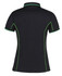 A black polo shirt with green piping, featuring a fitted design and short sleeves. Includes a logo on the chest area.