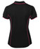 A black polo shirt with pink piping, featuring a fitted design and a collar. It includes a logo on the back.