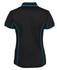 A black polo shirt featuring contrasting blue piping, showcasing a collar and short sleeves. Includes a logo on the front.