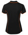 A black polo shirt with orange piping, featuring a fitted design and short sleeves. It has a logo on the design.