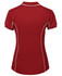 A red ladies' polo shirt with white piping details and a collared neck, featuring a logo.
