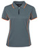A grey polo shirt with orange piping, featuring a collar and a logo. Short sleeves and a sporty design.