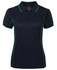 A navy polo shirt featuring green piping and a collar, with a logo on the front.
