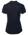 A navy polo shirt with green piping, featuring a collar and short sleeves. It has a logo on the back.