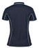 A navy blue polo shirt with light blue piping and a branded logo on the back. Features a classic collar and short sleeves.