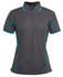 A grey ladies' polo shirt featuring blue piping and a collar, with a logo on the chest.