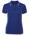 A blue women's polo shirt with white piping and a collar, featuring a logo on the chest.