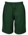 Green sports shorts with an elastic waistband and a back pocket, featuring a simple design and branding.