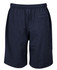 Navy sports shorts featuring an elastic waistband and a back pocket. The shorts have a simple design and a branded logo.