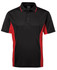 A black polo shirt with red side panels and a logo on the chest. Features a three-button placket and a collar.