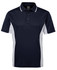 A navy blue polo shirt featuring white sides and a classic collar. It has a logo on the chest area.