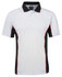 A white polo shirt with black sides and red detailing, featuring a collar and a logo on the upper part.