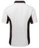 A polo shirt in white with black and red accents, featuring a logo on the design.