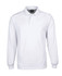 A long-sleeve white polo shirt featuring a collar and buttons, with a branding logo on the chest.