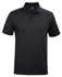 A black polo shirt featuring a classic collar and a three-button placket, with a logo on the chest.