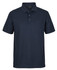 A navy blue polo shirt with a pocket and three buttons on the front. It features a logo on the label.
