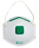 A white P2 respirator mask with a green valve and elastic straps, featuring a rounded design and a logo.