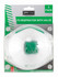 Three-pack of white P2 respirators with a green valve and branding, packaged in a clear plastic box.