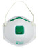 A white P2 respirator mask with a green valve and adjustable straps, featuring a logo on the side.