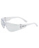 Clear safety sunglasses with a sleek design and a logo on the side. Suitable for outdoor activities.