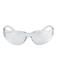 A pair of clear safety sunglasses with a sleek design, featuring translucent frames. Includes a logo on the side.