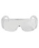 Clear protective eyewear with a wraparound design and logo on the side. Suitable for various uses.