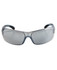 Blue and silver mirrored sunglasses with a sleek design and a logo on the side.