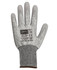 A pair of grey gloves with a textured palm and a ribbed cuff, featuring a logo and certification markings.