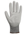 A white cut-resistant glove with a grey knitted wrist cuff. The glove has a textured surface and a branding logo.