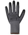 A grey and black latex glove with textured grips and a knitted wrist. Features a logo on the surface.